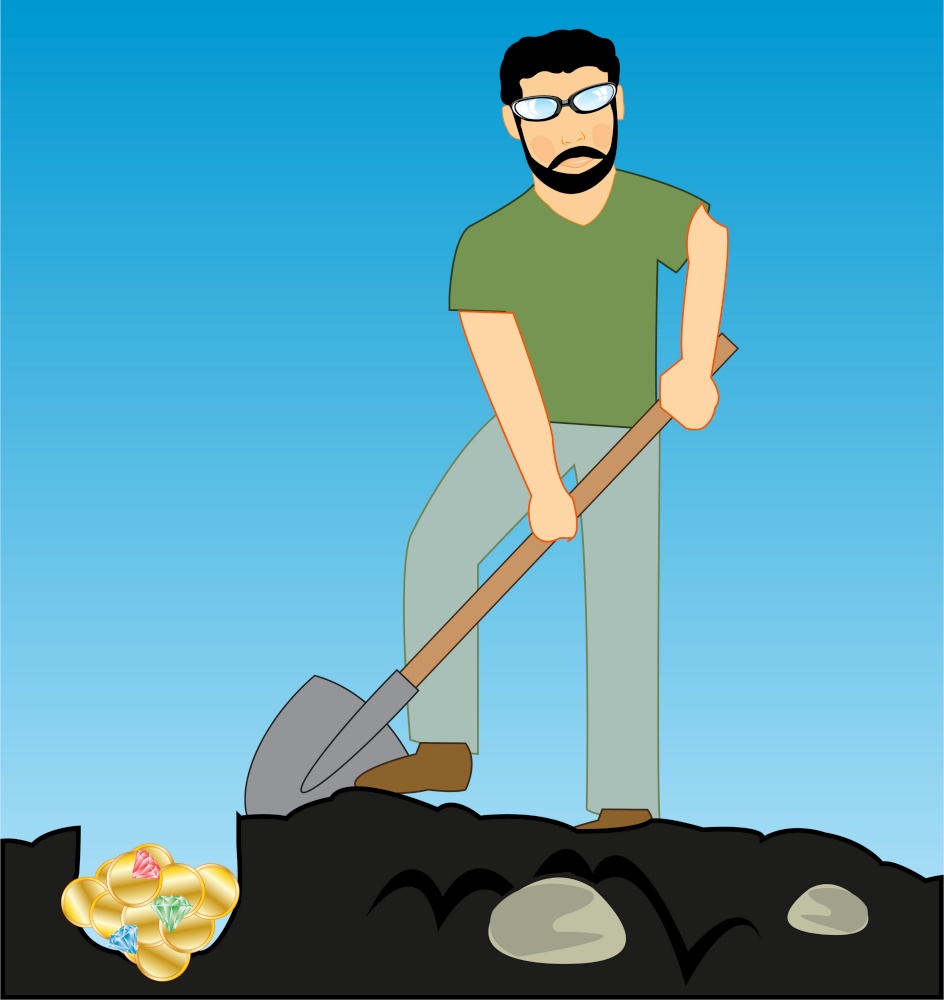 Young person with shovel hides in ground bonanza with coin and jewels. Man hides bonanza with golden coin and emerald