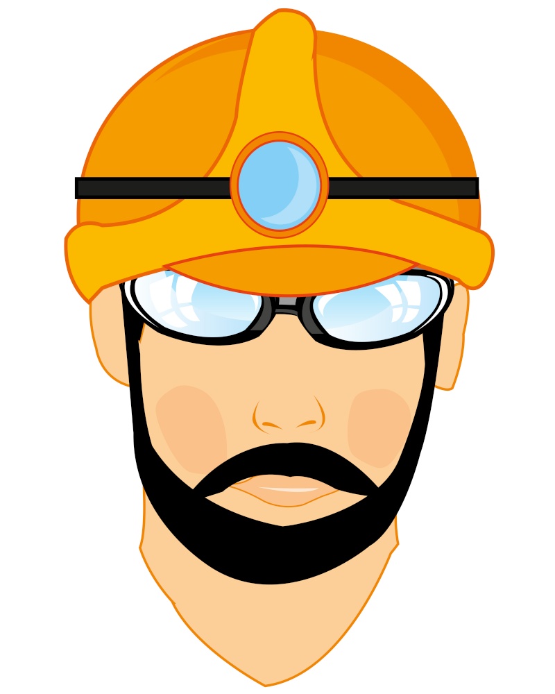 Vector illustration of the portrait of the person men miner in helmet. Portrait men miner in helmet with flash-light