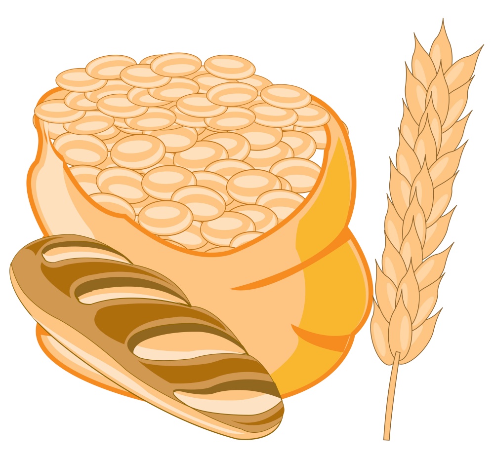 Harvest of the wheat in bag and ear with bread. Bag with grain of the wheat and bread