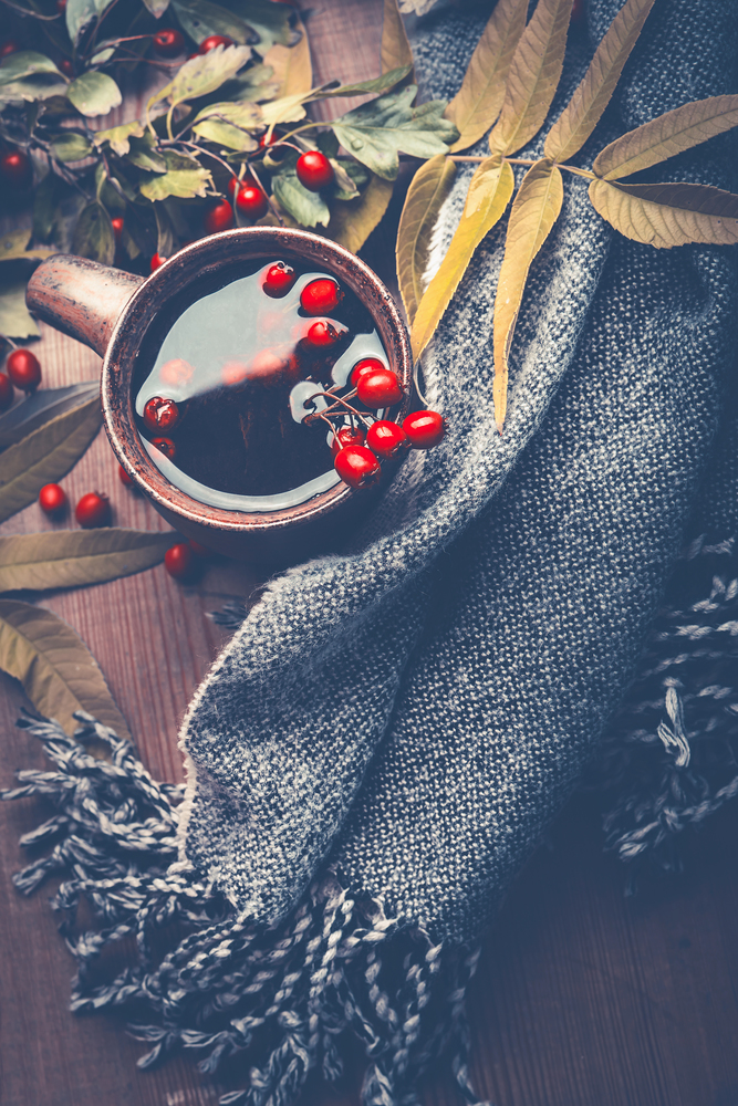 Autumn concept. Gray scarf and cup of autumn berries tea decorated with fall leaves on dark rustic wooden table background , top view, still life