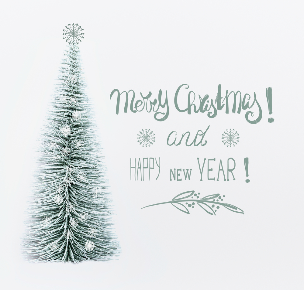 Merry Christmas and Happy New Year greeting card with text lettering and decorative artificial Christmas tree with painted snowflakes on  white background