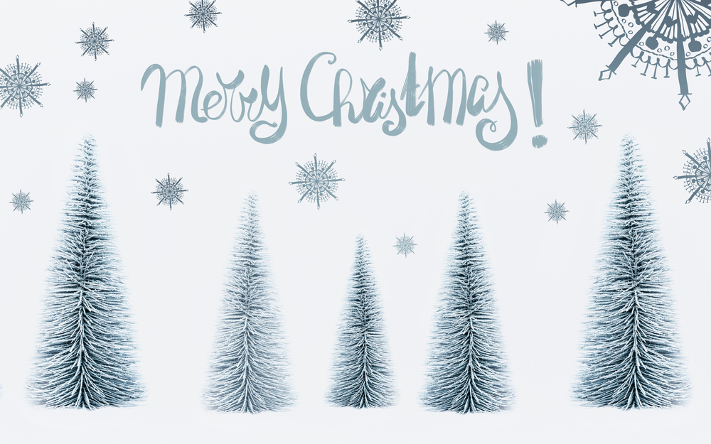Merry Christmas greeting card with text lettering and decorative fir trees forest and painted snowflakes on white background