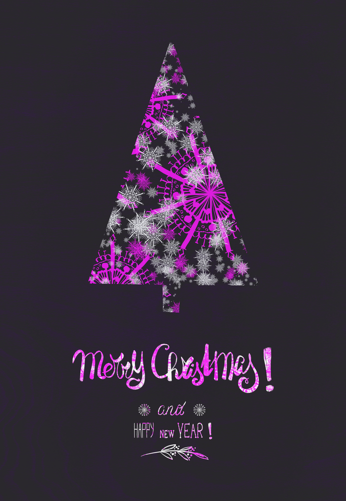 Christmas card with snowflakes Christmas tree in pink neon color with text lettering: Merry Christmas and Happy New Year on dark background