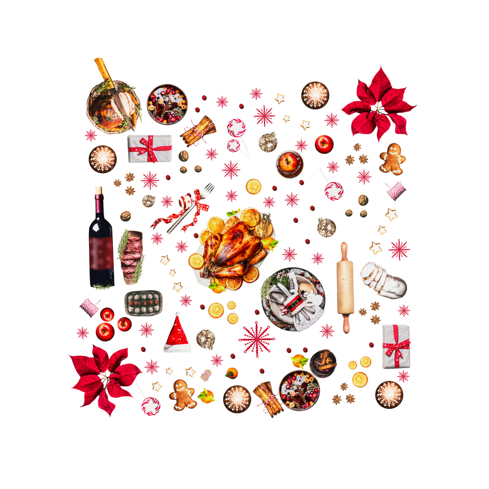 Various Christmas foods and red decoration for Christmas dinner, isolated objects. Composition pattern , top view
