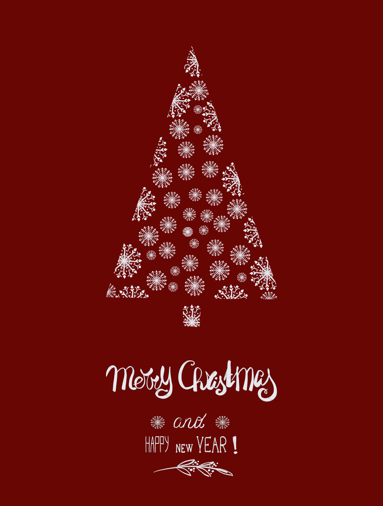 Christmas card with snowflakes Christmas tree on red  with text lettering: Merry Christmas and Happy New Year