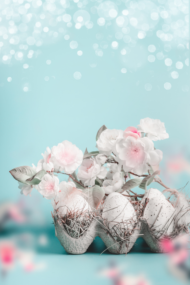 Easter background in pastel color. Egg-crate with Easter eggs , bokeh and spring blossom branches and at blue, front view with copy space for your design, vertical