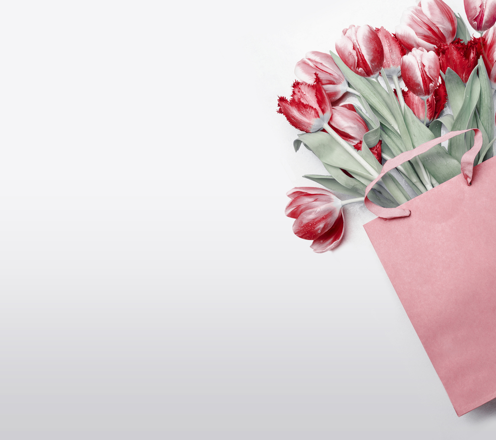 Red tulips in paper shopping bag on  light gray background. Festive spring flowers bunch. Floral gift composing. Springtime holiday , greeting or sale concept. Copy space for your design
