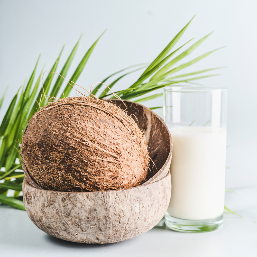 Coconut milk in glass on table with whole coconut, front view, banner. Healthy detox nutrition, vegan food and clean eating concept, close up