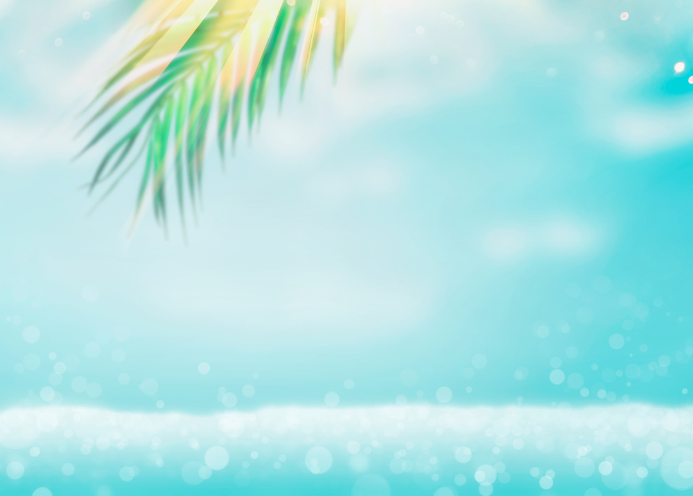 Blurred tropical summer sea vacation background with hanging green palm leaves at beach with water bokeh and sun light.  Travel concept