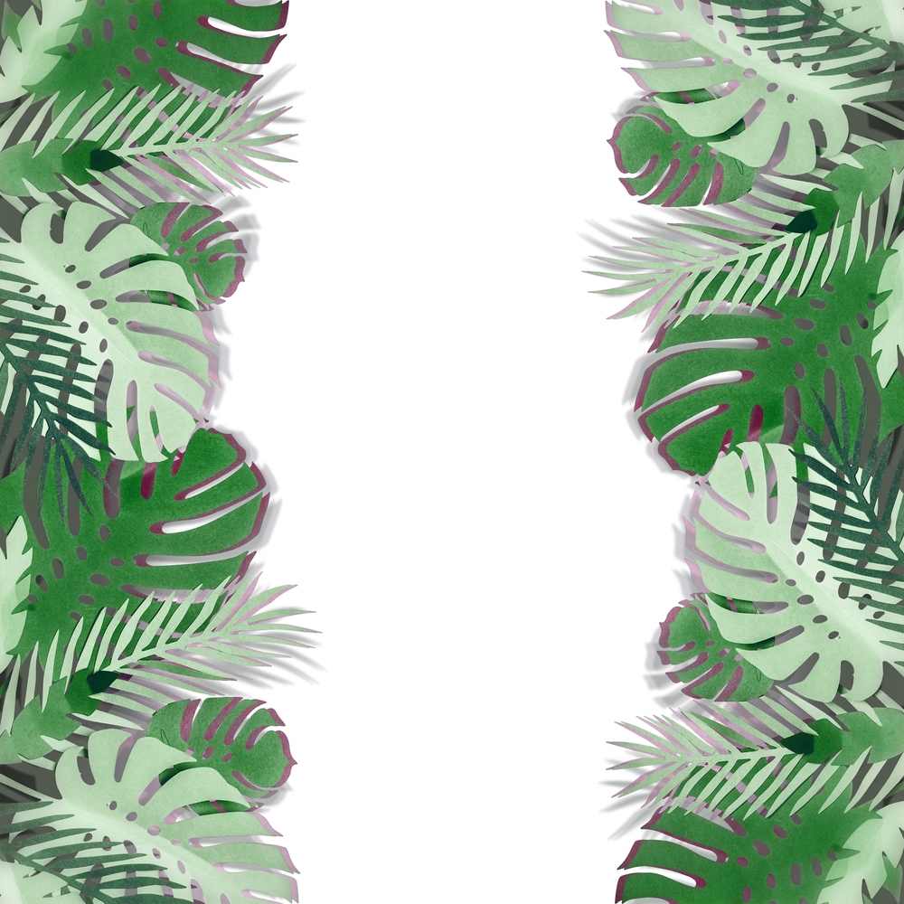 Tropical leaves frame made with papercraft with shadow, isolated on white background. Exotic foliage