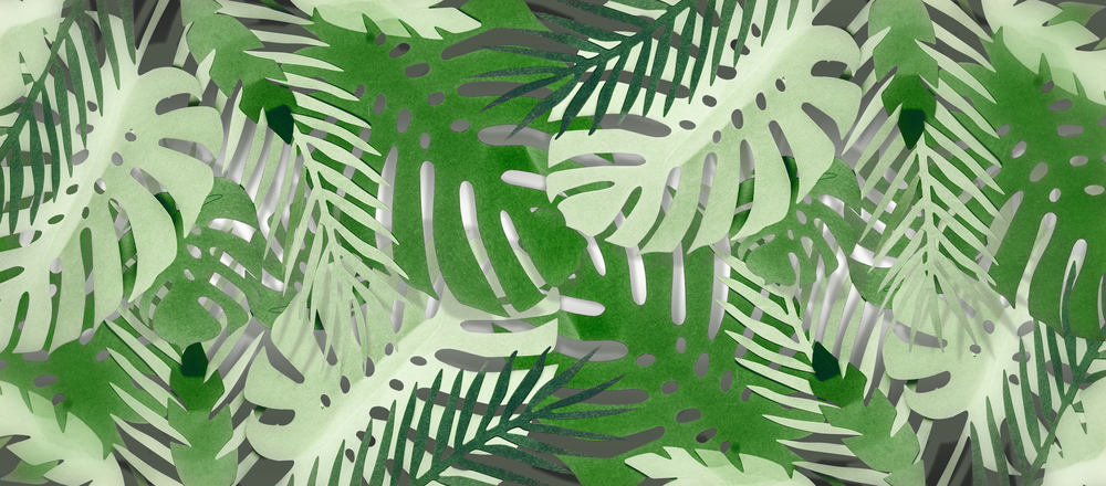Tropical leaves foliage background with Monstera and palm leaves, made with papercraft . Jungle layout. Banner