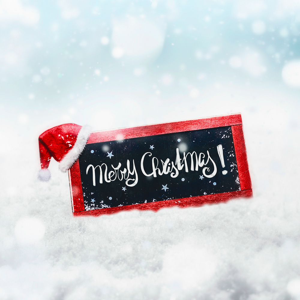 Sign with Santa hat and Merry Christmas lettering stand in snow at winter background with snowfall. Christmas greeting card