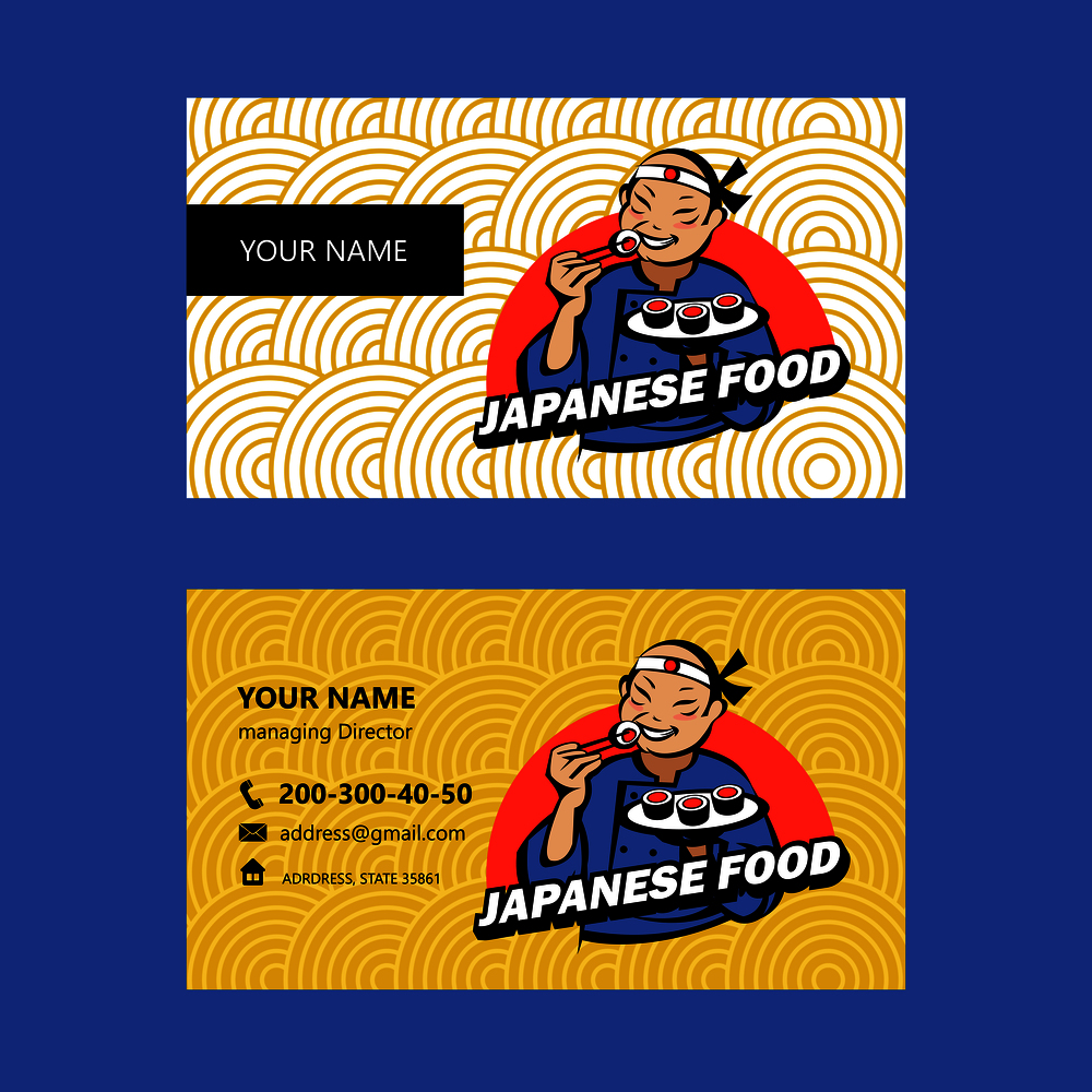 Japanese in kimono to eat sushi and rolls. Vector logo of Japanese restaurant. Sushi restaurant. Fresh seafood. Business card layout.