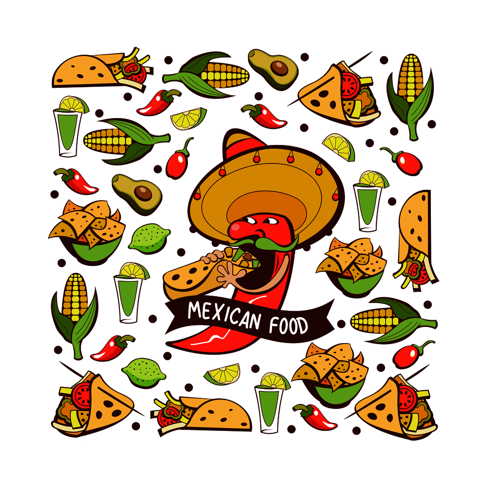 Red chili in a sombrero eating burritos. Mexican food. A set of popular Mexican dishes, fast food. Vector illustration.