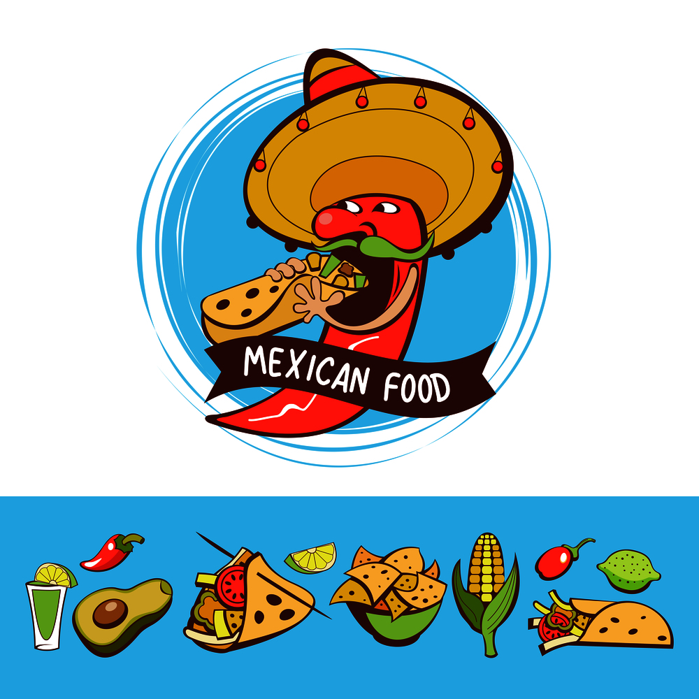Red chili in a sombrero dancing with maracas. Mexican food. A set of popular Mexican dishes, fast food. Vector illustration. Menu template, logo.