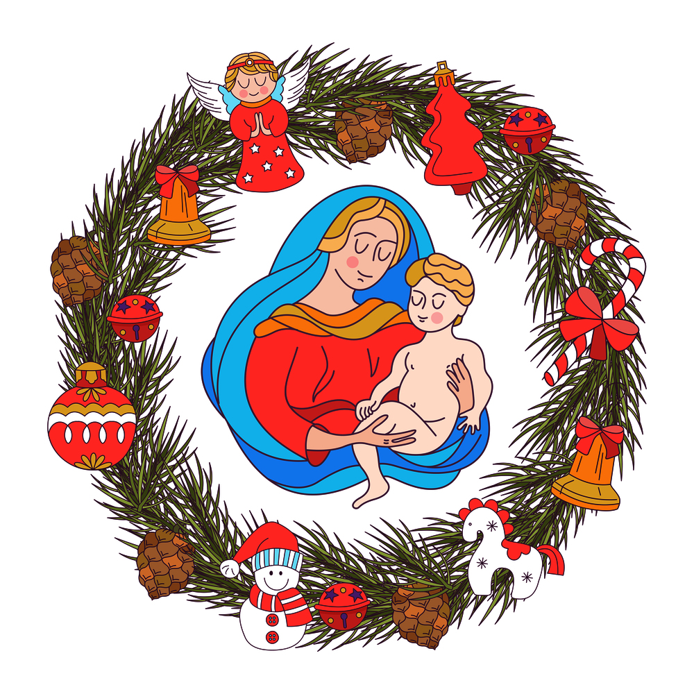 Merry Christmas. Vector greeting card. The virgin Mary and the baby Jesus. A wreath of fir branches decorated with Christmas decorations.