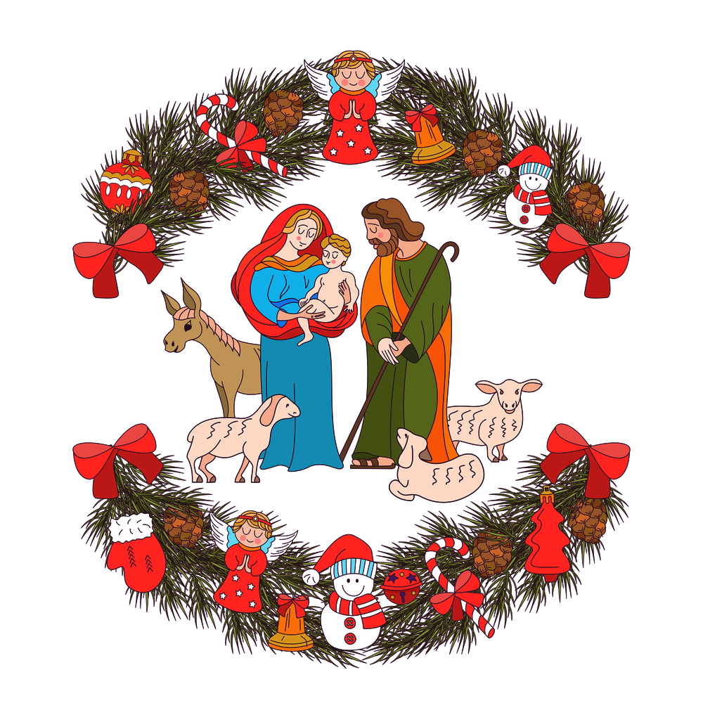 Merry Christmas. Vector Christmas card. Fir wreath decorated with Christmas decorations, angels, balls, cones, bells. The virgin Mary holds the baby Jesus. Saint Joseph stands beside them.