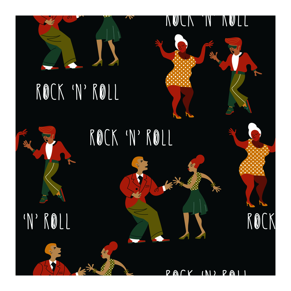 Seamless pattern. Retro party. People dance rock and roll. Stylish vintage illustration.. Seamless pattern. Retro party. Vector poster. Retro style illustration. Music and dance in retro style. Jazz musicians and dancers.