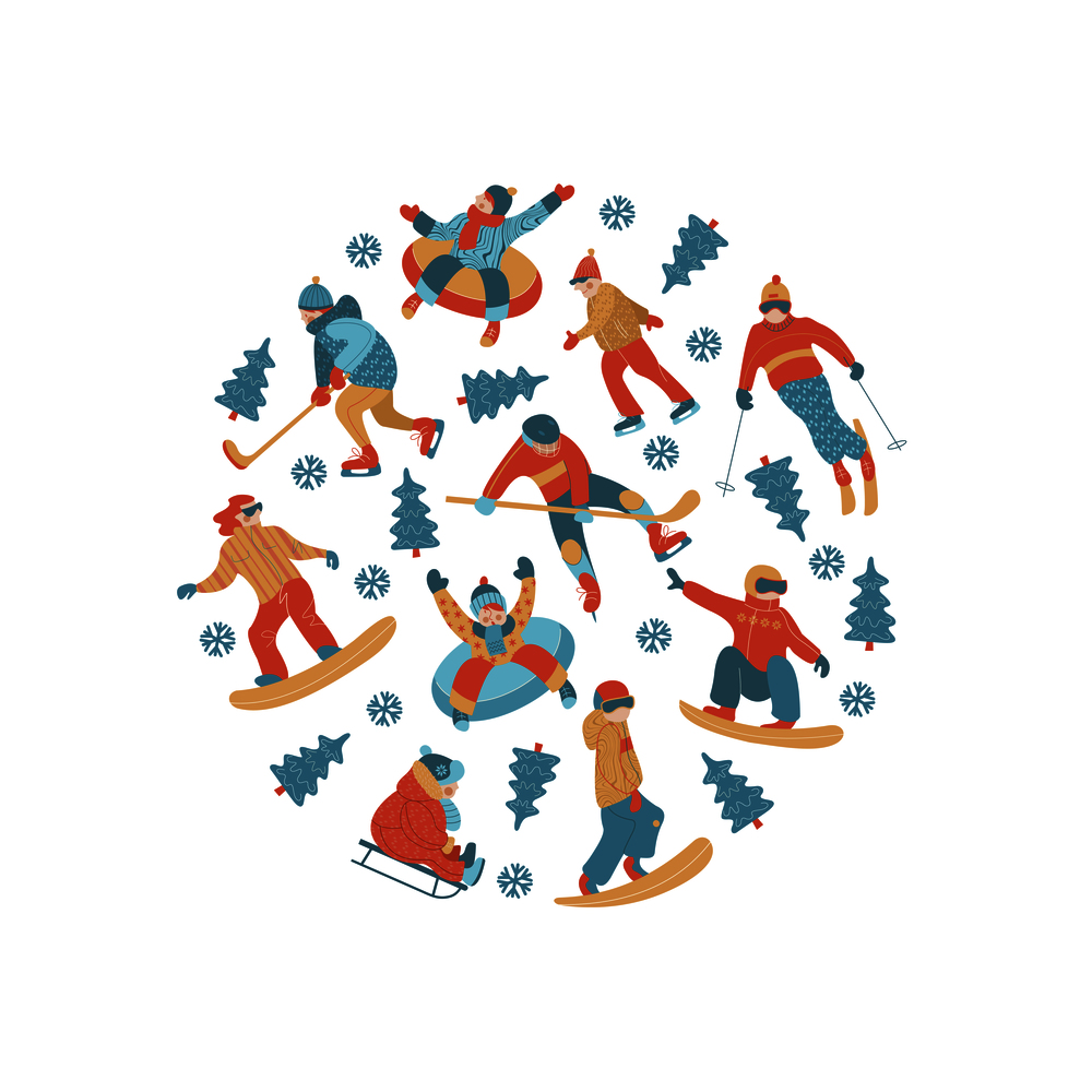 Winter sports and fun activities in the snow. People skiing, skating, sledding, snowboarding. A set of characters oriented in a circle. Vector illustration.. Hello winter. Vector illustration. A set of characters engaged in winter sports and recreation.