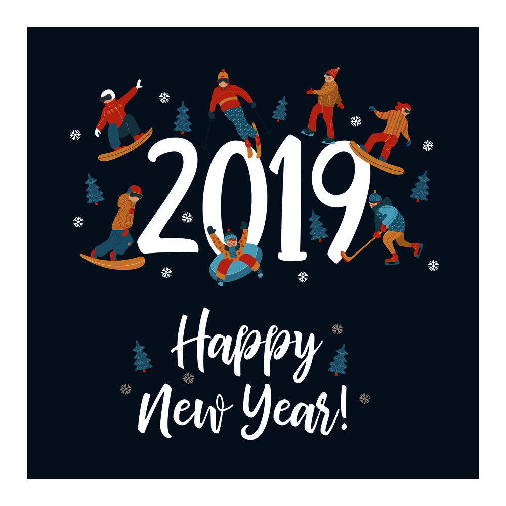 happy New Year. Winter sports and fun activities in the snow. People skiing, skating, sledding, snowboarding. Set of characters around the big numbers 2019. Vector illustration.. Happy new 2019 year. Vector illustration.