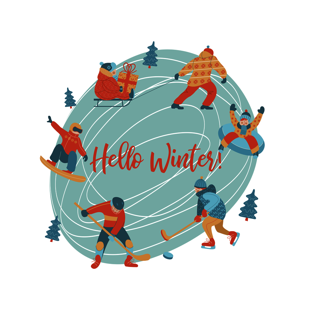 Hello winter. Vector illustration, postcards. People at the rink playing hockey, skating, sledding, snowboarding, snowboarding. Dad carries a child on a sled.. Winter, an ice skating rink. Winter sports, hockey, skating, snowboarding, sledding. Vector illustration.