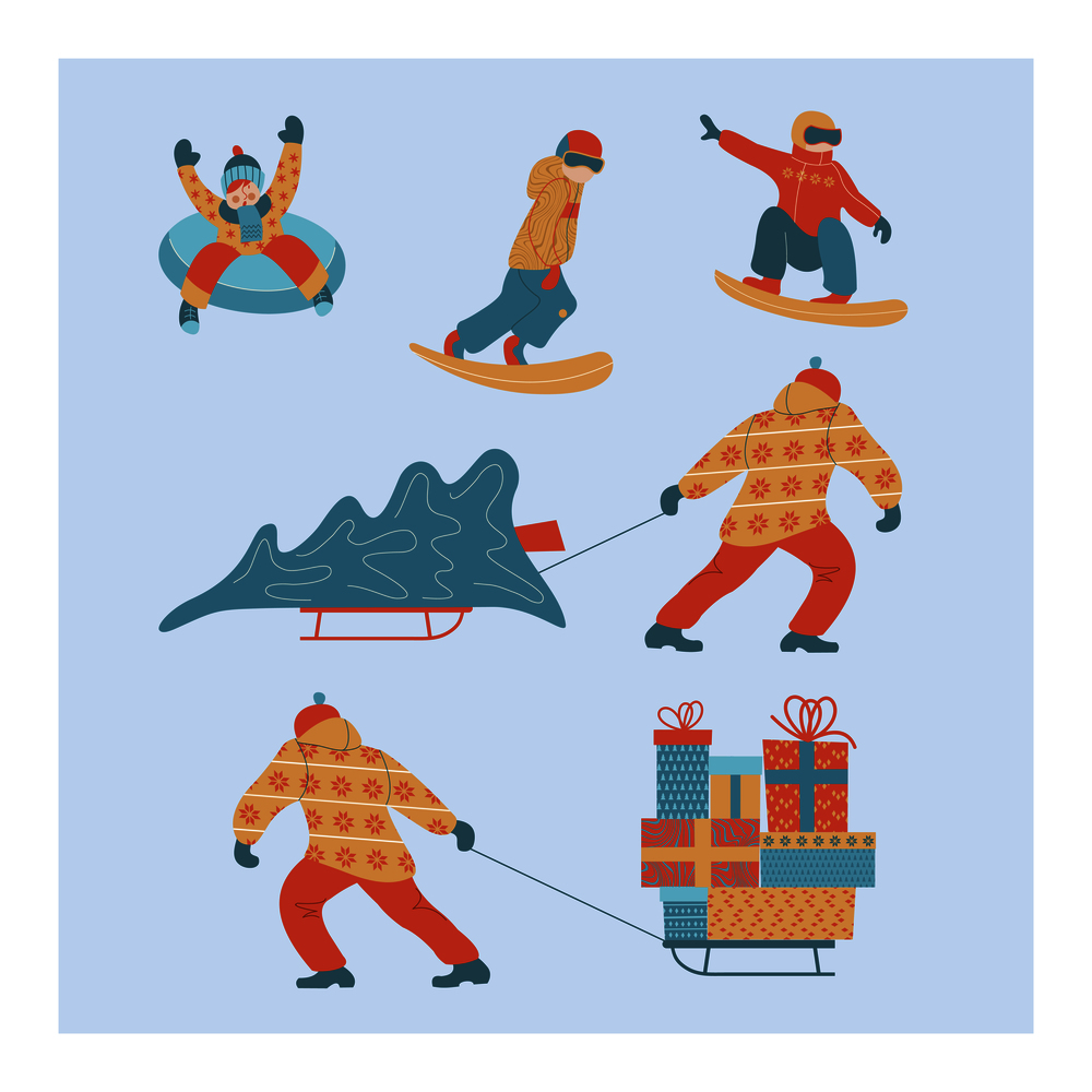 Hello winter. A large set of characters, sledding, skating, snowboarding, hockey game. A man carries on a sled a lot of Christmas gifts. Vector illustration.. Hello winter. Vector illustration. A set of characters engaged in winter sports and recreation.