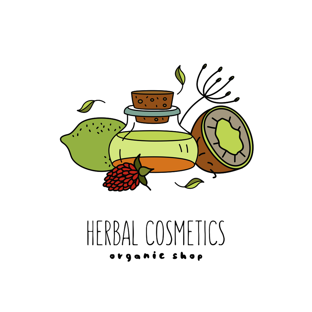 Herbal cosmetics, natural oil. Vector hand drawn illustration for natural eco cosmetics store. Lemon and coconut oil.. Herbal cosmetics. Vector illustration. Oils and plants.