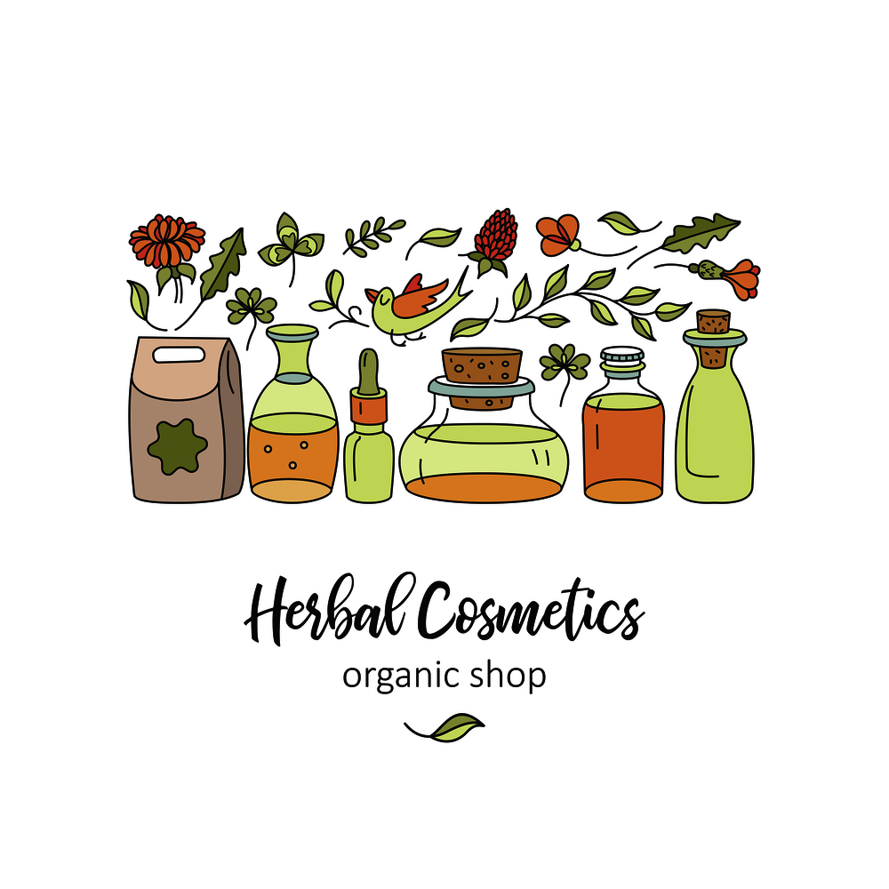Herbal cosmetics, natural oil. Vector hand drawn illustration for natural eco cosmetics store. Set of jars with plant oils.. Herbal cosmetics. Vector illustration. Oils and plants.