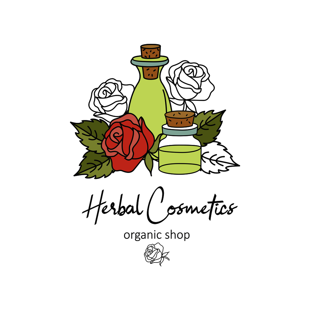 Herbal cosmetics, natural oil. Vector hand drawn illustration for natural eco cosmetics store. Rose oil.. Herbal cosmetics. Vector illustration. Oils and plants.