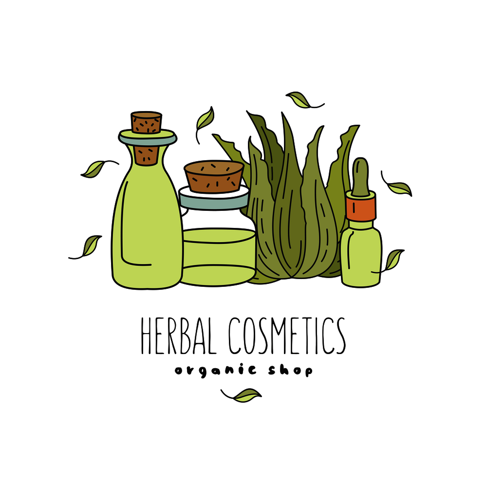 Herbal cosmetics, natural oil. Vector hand drawn illustration for natural eco cosmetics store. Natural aloe products.. Herbal cosmetics. Vector illustration. Oils and plants.