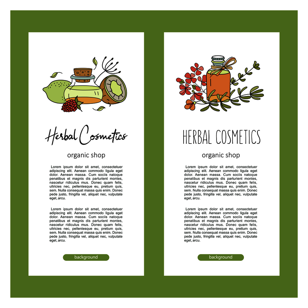 Herbal cosmetics, natural oil. Vector hand drawn illustration for natural eco cosmetics store. Olive oil, geranium oil, lemon oil.. Herbal cosmetics. Vector illustration. Oils and plants.