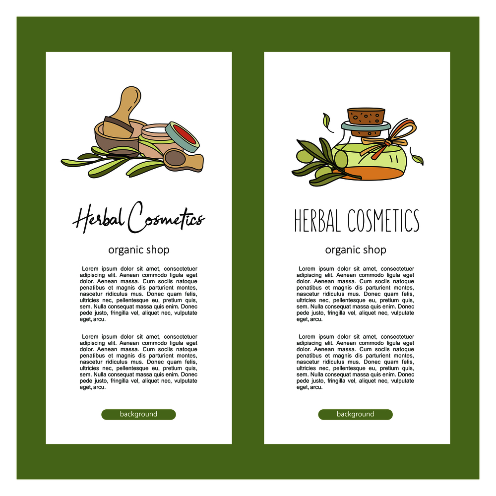 Herbal cosmetics, natural oil. Vector hand drawn illustration for natural eco cosmetics store. Natural olive and eucalyptus oils.. Herbal cosmetics. Vector illustration. Oils and plants.