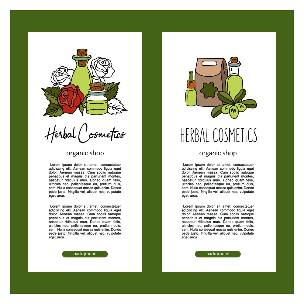 Herbal cosmetics, natural oil. Vector hand drawn illustration for natural eco cosmetics store. Rose and olive oils.. Herbal cosmetics. Vector illustration. Oils and plants.