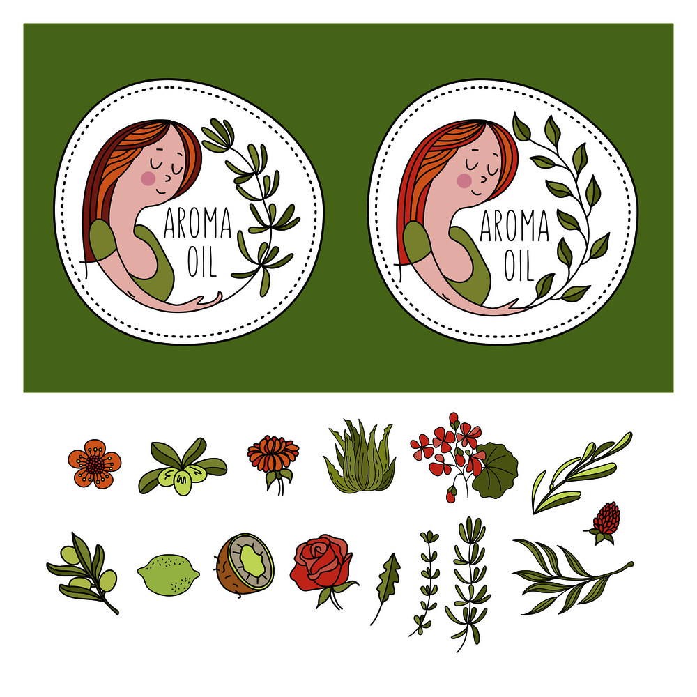 Herbal cosmetics, natural oil. Vector hand drawn illustration for natural eco cosmetics store. A large set of ingredients for the production of natural cosmetics. Two emblems with a girl and an olive branch.. Herbal cosmetics. Vector illustration. Oils and plants.