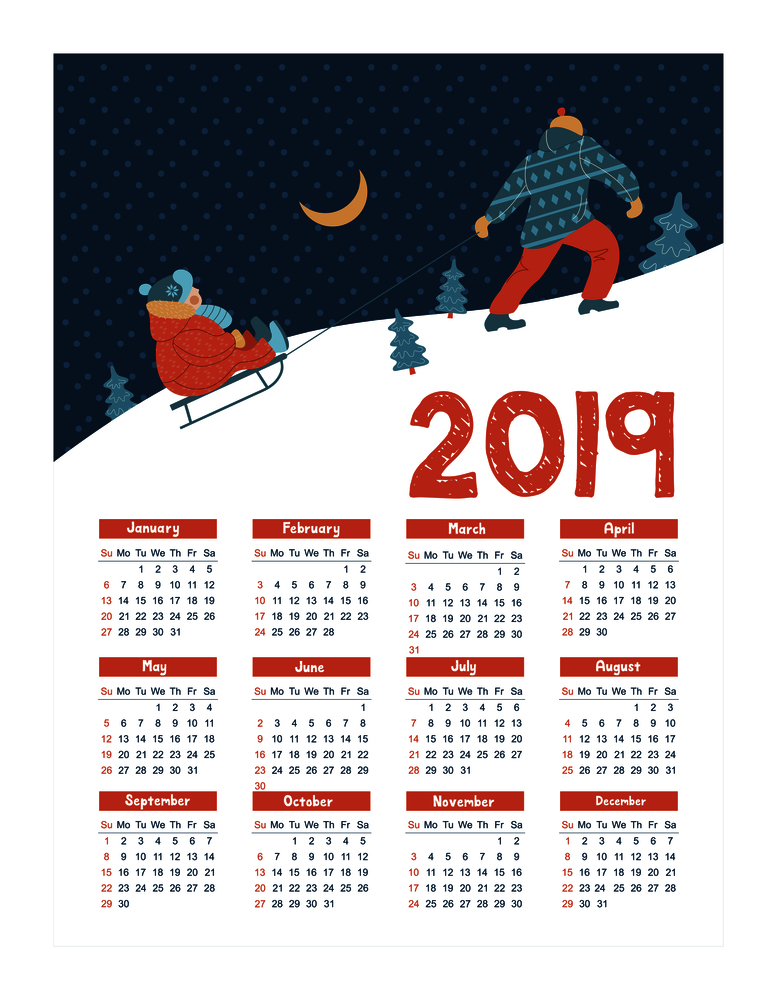 Calendar 2019. Vector illustration. Dad rolls on the sledge of the child.. Calendar year 2019.  Vector illustration. A set of characters engaged in winter sports and recreation.