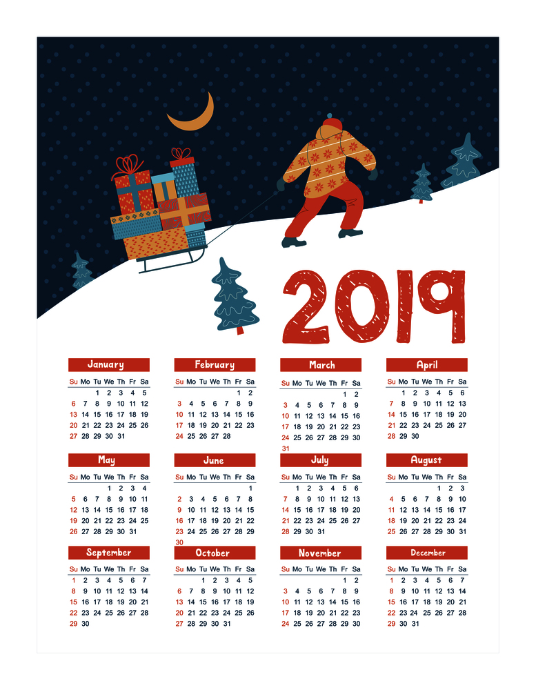 Calendar 2019. Vector illustration. A man carries on a sled a lot of Christmas gifts.. Calendar year 2019.  Vector illustration. A set of characters engaged in winter sports and recreation.