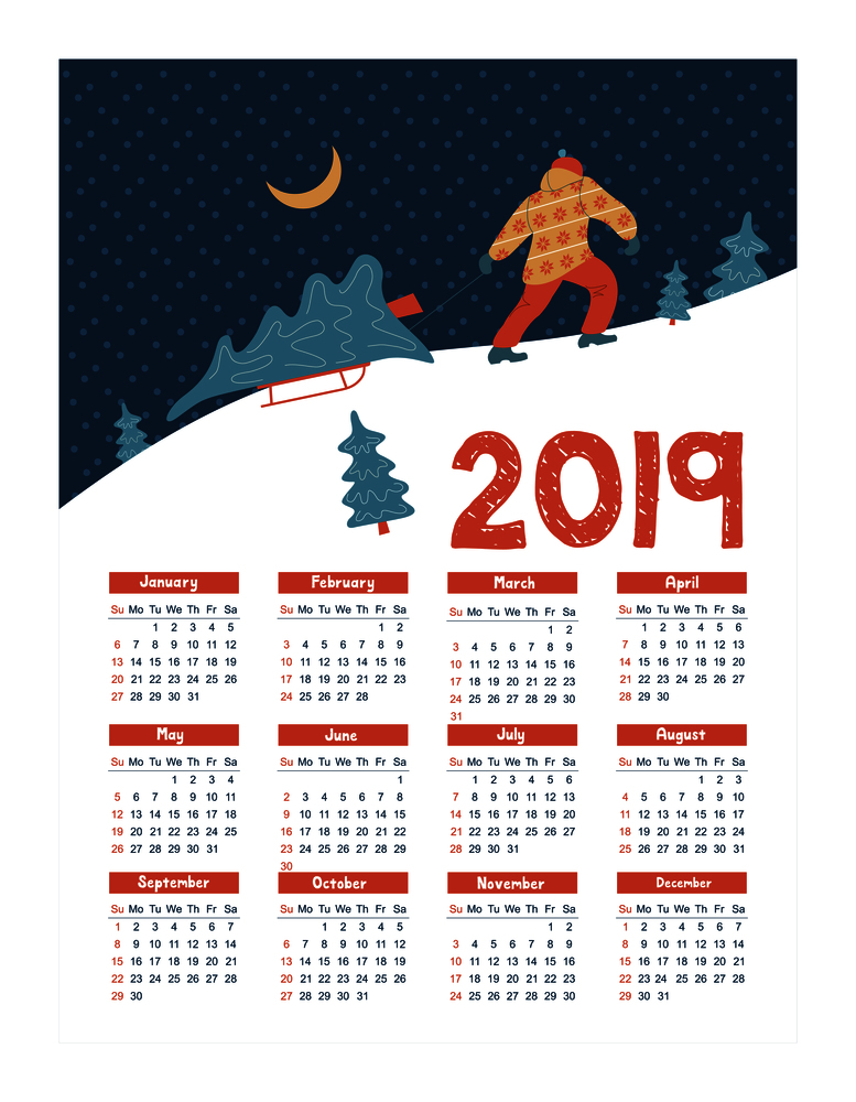 Calendar 2019. Vector illustration. A man is lucky on a sled big Christmas tree.. Calendar year 2019.  Vector illustration. A set of characters engaged in winter sports and recreation.