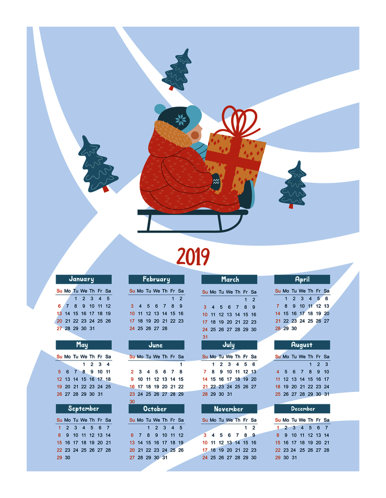 Calendar 2019. Vector illustration. A child riding on a sled in the snow. He&rsquo;s holding a present.. Calendar year 2019.  Vector illustration. A set of characters engaged in winter sports and recreation.