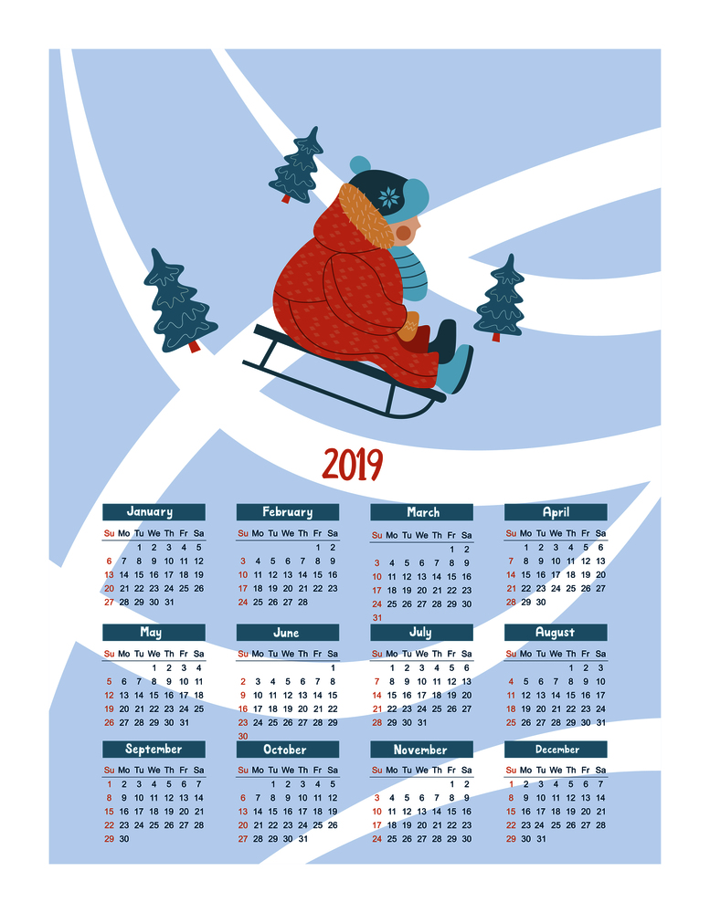 Calendar 2019. Vector illustration. A child riding on a sled in the snow.. Calendar year 2019.  Vector illustration. A set of characters engaged in winter sports and recreation.