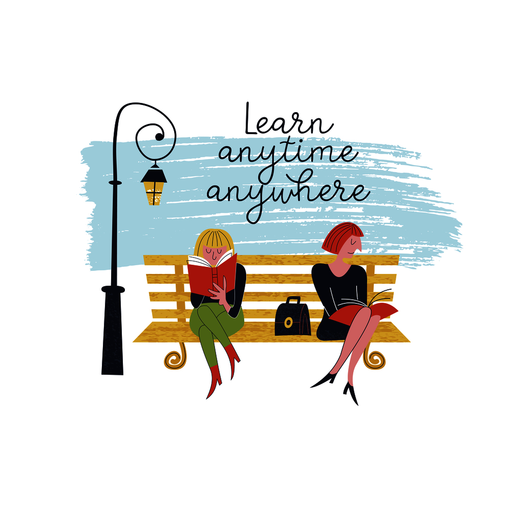 Learn anytime anywhere. Vector illustration. Two girls sit on a bench in the Park and read books.. Learn anytime anywhere. Vector illustration.