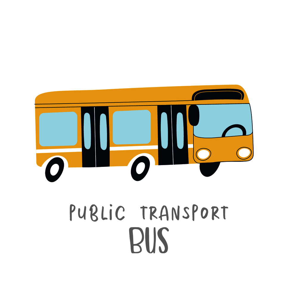 Yellow bus in cartoon style. Vector illustration. School bus, public transport.. Yellow bus in cartoon style. Vector illustration.