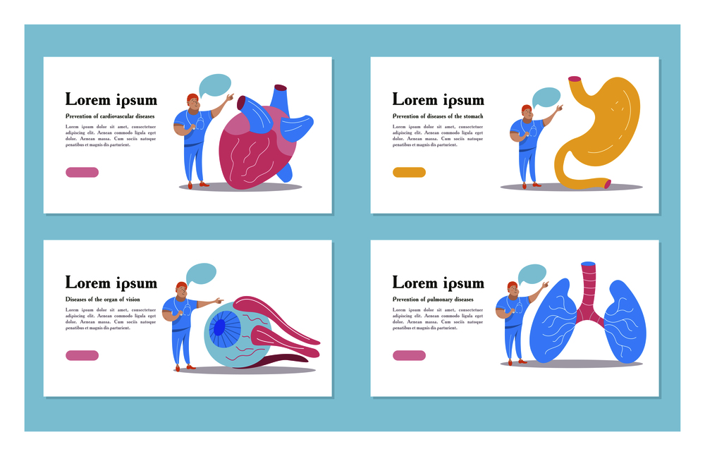 Set of vector human organs. Doctor talks about human organs. Vector concept of medical care and medical education. Human organ. Miniature doctors study and treat human organs. Vector concept of medical care.