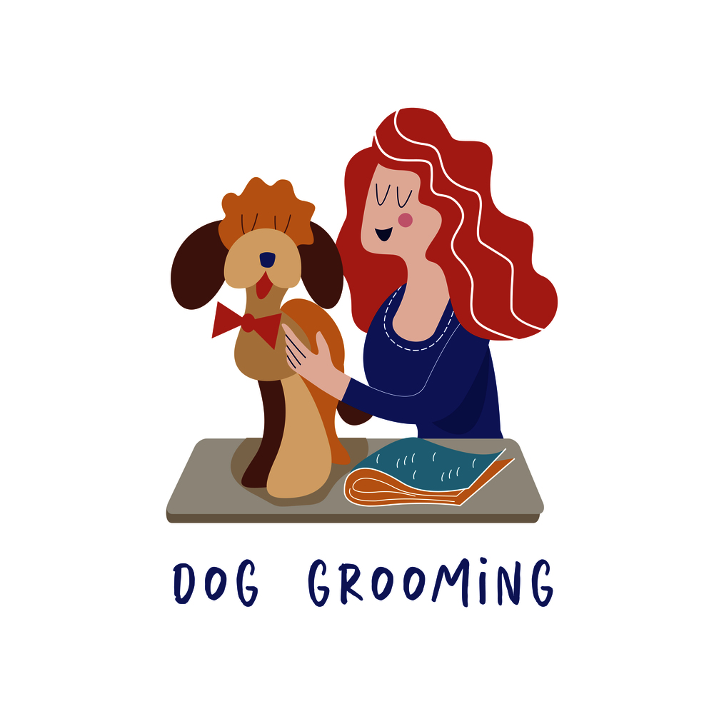 Cute dog at groomer salon.Woman caring for the dog. Dog grooming concept. Hand drawn vector illustration. Vector illustration for pet hair salon, styling and grooming shop, pet store for dogs and cats.. Dog salon. Dog grooming. Vector illustration.