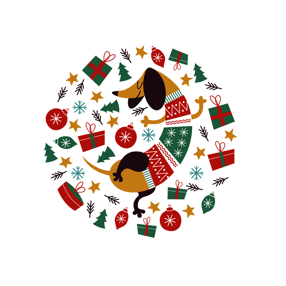 Cute funny Dachshund dog in a bright knitted sweater dancing among Christmas decorations and gifts. Merry Christmas illustration in the form of a circle. It will look good on mugs, t-shirts, postcards.. Cute cartoon animals in warm knitted sweaters. New year illustration.
