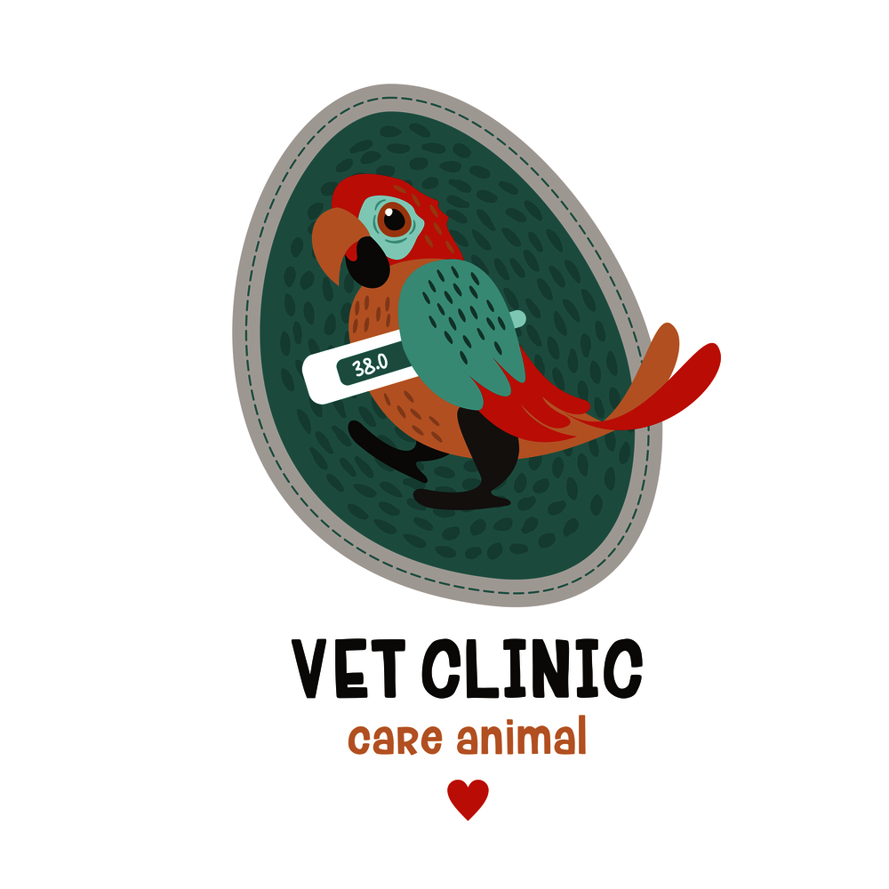 Veterinary care. Sticker, vector illustration for veterinary clinic. Colorful parrot with a thermometer under the wing.. Veterinary care. Sticker, vector illustration for veterinary clinic.