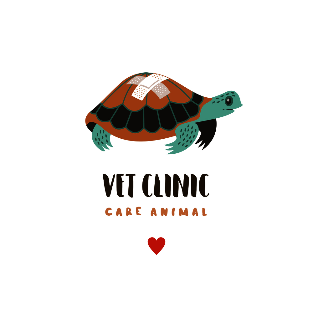 Home Turtle with a band-aid on the shell. Veterinary care. Logo, vector illustration for veterinary clinic.. Veterinary care. Logo, vector illustration for veterinary clinic
