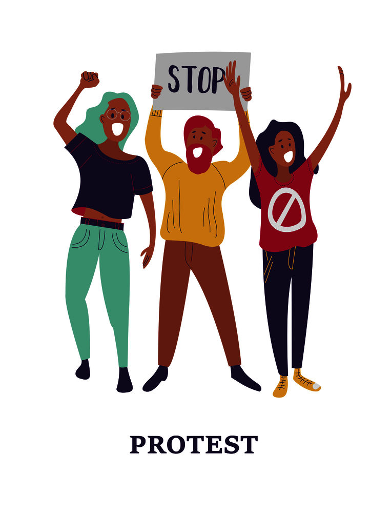 Group of young men and women standing together and holding blank banner. People taking part in parade or rally. Male and female protesters or activists. Flat cartoon colorful vector illustration.