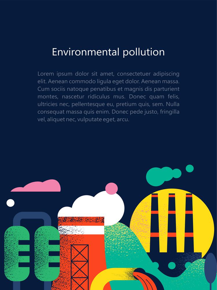 Pollution of the environment by harmful emissions into the atmosphere and water. Vector illustration.