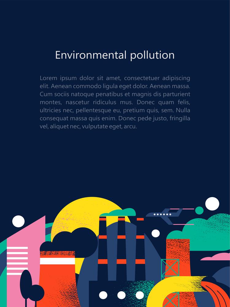 Pollution of the environment by harmful emissions into the atmosphere and water. Vector illustration.