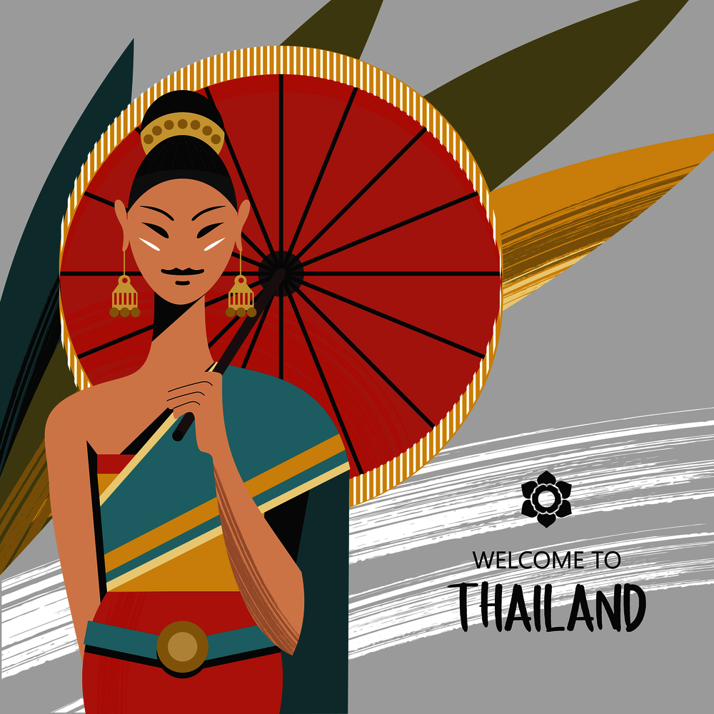 A beautiful Thai girl with a red umbrella. The girl wears a national Thai costume. Welcome to Thailand. Vector colorful illustration.. Thai beautiful girl in national Thai dress with red umbrella. Vector illustration.